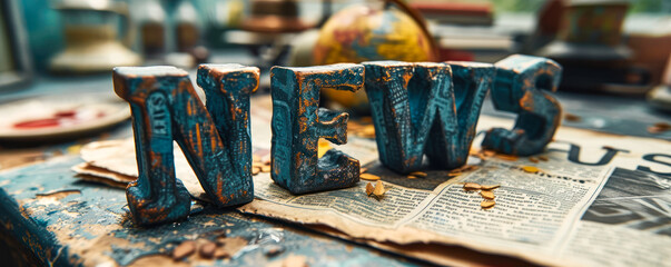 Block letters spelling NEWS on a newspaper background, symbolizing the dissemination of information and the importance of staying informed with current events - obrazy, fototapety, plakaty