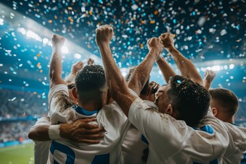 A football team celebrates scoring the decisive goal - obrazy, fototapety, plakaty