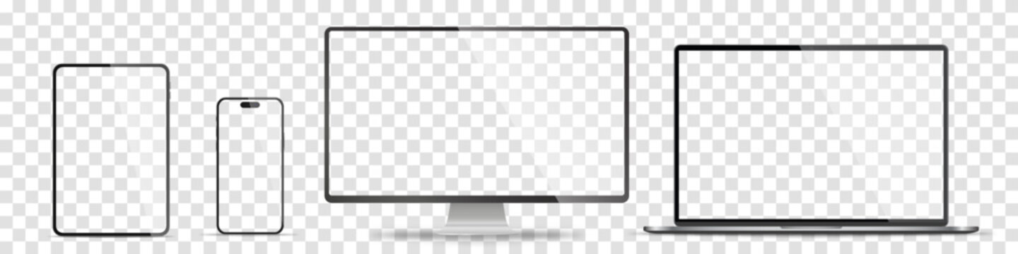 Device screen mockup. Smartphone, tablet, laptop and monoblock monitor, with blank screen for you design. Stock royalty free vector illustration. PNG