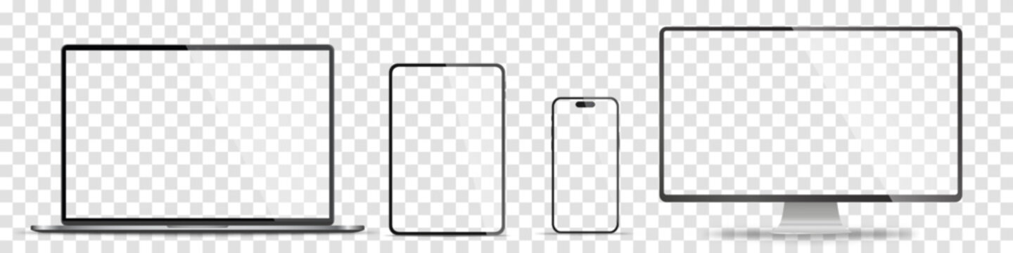 Device screen mockup. Smartphone, tablet, laptop and monoblock monitor, with blank screen for you design. Stock royalty free vector illustration. PNG