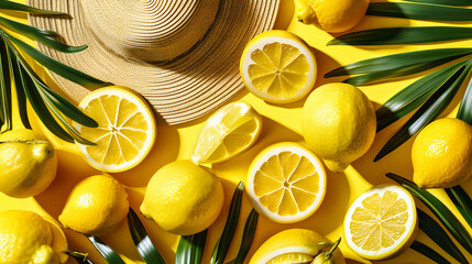 Fresh Yellow Lemons on Wooden Background, Healthy Citrus Fruits with Vibrant Green Leaves
