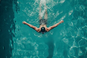 An overhead shot of a male swimmer in a pool. He’s a professional athlete training for a championship, using the butterfly stroke