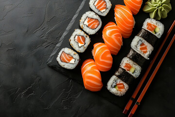 Set of delicious japanese sushi on black background