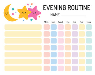 Evening checklist for kids. Evening routine tracker for children. Daily regime. My chore chart. My tasks and responsibilities. Daily routine tracker for children. Daily regime.