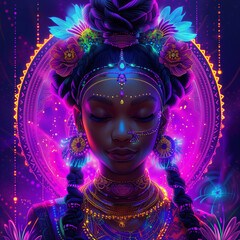 Psychedelic Serenity: Woman in Meditation with Neon Aura and Flower Adornments