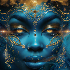 Blue Divinity: Enchanted Face Adorned with Ethereal Jewelry and Golden Accents