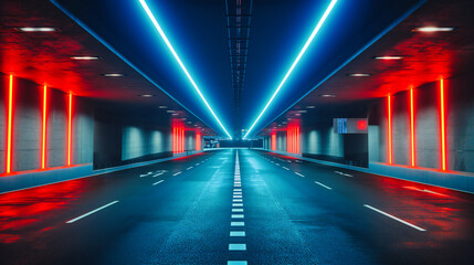 Futuristic Blue Tunnel with Glowing Lights, Abstract Modern Architecture Concept