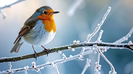 European Robin Perched on a Frosty Branch in Winter