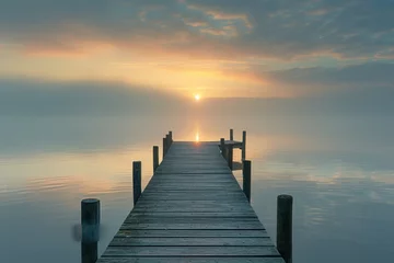 Fototapeten pier at dawn with lake mist © Sardar