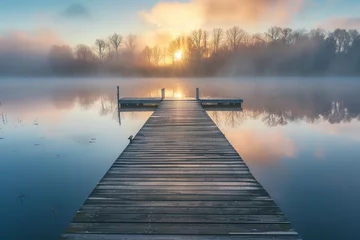 Poster Pier overlooking morning lake fog © Sardar