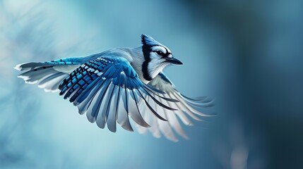 Graceful Blue Jay in Mid-Flight, Capturing the Elegant Spread of Its Vibrant Blue and White Feathers Against a Soft Focus Background