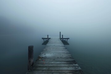 Pier overlooking morning lake fog - obrazy, fototapety, plakaty