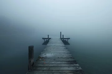 Foto op Plexiglas Pier overlooking morning lake fog © Sardar