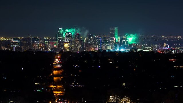 Downtown Denver Skyline During New Year's Eve Celebration Fireworks Time Lapse