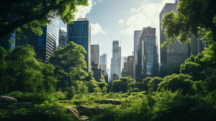 Fototapeta premium a group of tall buildings surrounded by trees