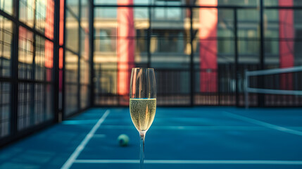 Cinematic wide angle photograph of a glass of champagne in a 90s padel court.  Product photography. Advertising.