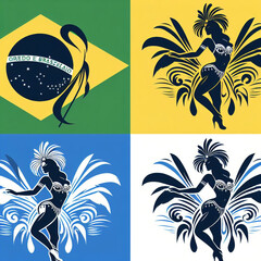 Brazilian Carnival illustration with traditional samba dancers, Sambistas. Carnival in Rio de Janeiro. On white and colorful backgrounds.