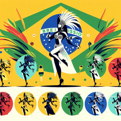 Brazilian Carnival illustration with traditional samba dancers, Sambistas. Carnival in Rio de Janeiro. On white and colorful backgrounds.