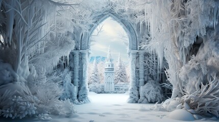 Digital illustration of a castle entrance frozen in time with an aura of grandeur and mystery. A blanket of snow covering historic architectural splendor castle.