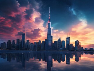 city skyline at sunset