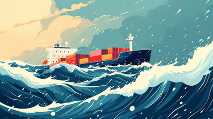 A ship sails through rough seas determined to overcome the difficulties of container shortages and deliver goods to their intended destinations on time.