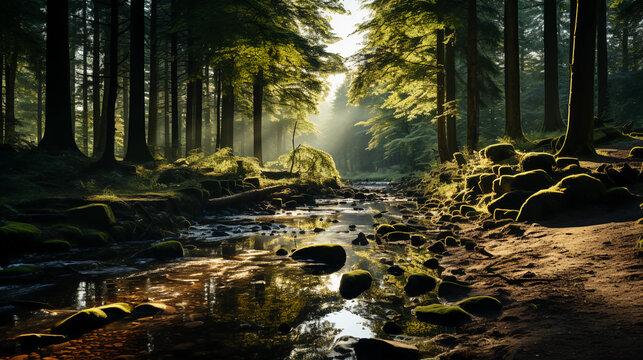 a picture of a green forest with a bright light coming through the trees