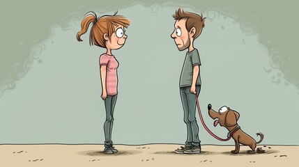 Funny comic cartoon of a dog that pooped on the floor, sidewalk or street, a cute smiling woman with big eyes is looking at its owner, the man looks embarrassed or ashamed by the poop and the flies