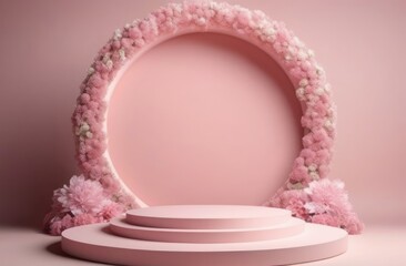 an arch of flowers, an empty round pink podium, pastel colors, a platform for displaying cosmetics and perfumes, a template for a stage for advertising, free space