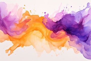 Bright colorful orange and purple stain of watercolor mixture on white background