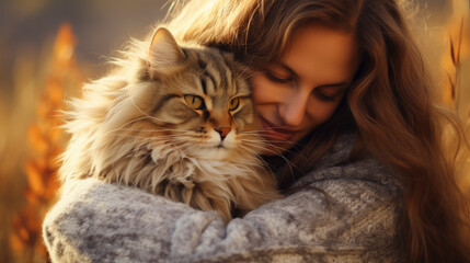 Woman embraces fluffy cat amidst golden wheat field, evoking warmth and serenity