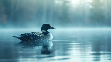 Majestic Loon Swimming in Tranquil Lake Surrounded by Misty Forest at Dawn