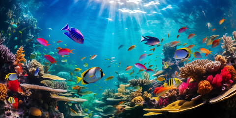 Naklejka na ściany i meble Vibrant underwater scene teeming with various fish species with space for copy, portraying an authentic underwater environment