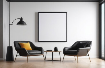 the interior of a modern living room, an empty mockup picture frame on the wall, a lounge area with an armchair and a coffee table, a minimalist interior, indoor plants, gray shades