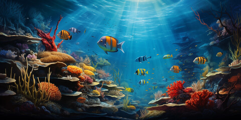 Fototapeta na wymiar Vibrant underwater scene teeming with various fish species with space for copy, portraying an authentic underwater environment