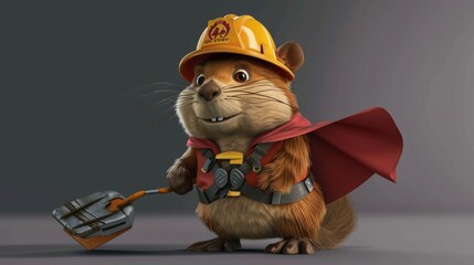 Cartoon digital avatars of Fritz the Flood Fighter A beaver architect with a determined expression and a cape, using his engineering skills to create a strong and sy dam that can withstand