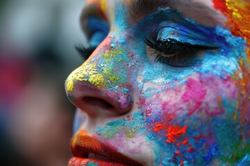 closeup woman face make up with vibrant colorful powder