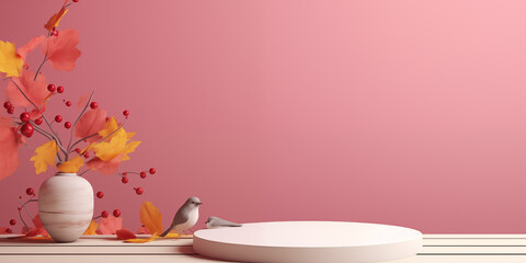 3d Podium on wooden table with leaves at the edge of a pink wall, in the style of minimalist stage designs, Peac tone background