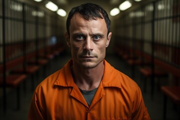 Obraz premium A man in an orange prisoner's uniform stands in the waiting room corridor between grey walls