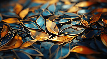 Gold and blue glittery leaf patterns background