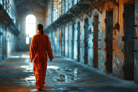 Back view of a woman in an orange prisoner's uniform walks trough the corridor between prison cells