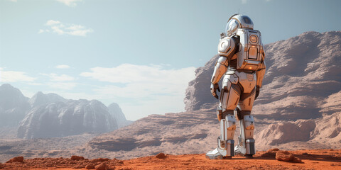 Astronauts in futuristic space suits are exploring the surface of Mars, robot soldier on a distant planet