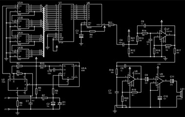 Fototapeta premium Electrical schematic diagram of digital electronic device (doorbell), which plays sound programmed in to EPROM when bell push is pressed. Vector drawing with operational amplifier.