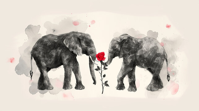 elephant sketch black and white with red rose on white background, happy valentines day, card