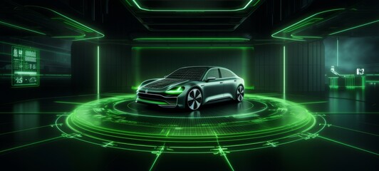 3D graphics rendering of a fully developed electric vehicle prototype. An electric car standing on a platform with green holographic neon lighting on a dark futuristic background. Future is now.