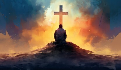 Man kneeling, sitting down before a cross. Holy cross symbolizing the death and resurrection of Jesus Christ with the sky over Golgotha Hill is shrouded in light and clouds