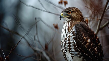 Close-Up of a Majestic Cooper’s Hawk Amidst Bare Winter Branches, Showcasing Its Detailed Plumage and Intense Gaze