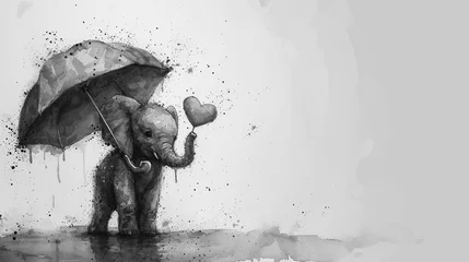 Rolgordijnen Olifant sketch of cute elephant with umbrella in rain, can be used for cards