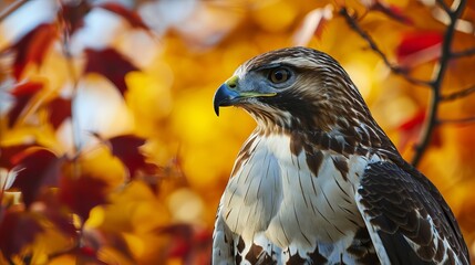 Majestic Red-tailed Hawk Perched Amidst Vibrant Autumn Leaves, Showcasing Detailed Plumage and Intense Gaze