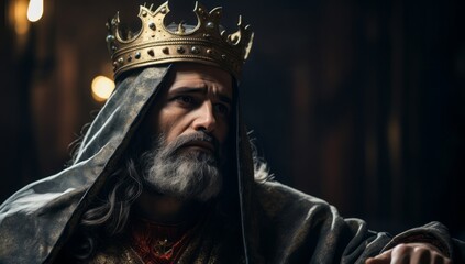 Jehovah, the king of great saints with crown. Jesus christ with crown of thorns, on dark background, Jesus Christ Portrait with Thorns on Bloody Head, Suffering Gaze