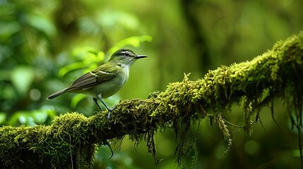 Graceful Greenish Warbler Bird Perched on a Moss-Covered Branch in Lush Green Forest